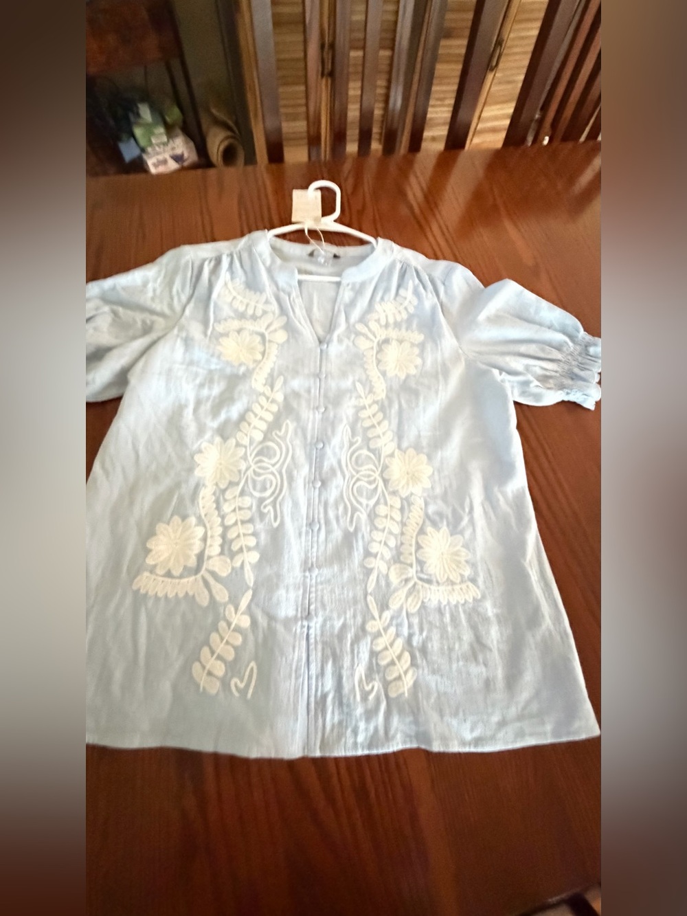 NWT BTFBM Blue Floral Embroidered Boho Short Sleeve Button Down Blouse Top L - Picture 8 of 11